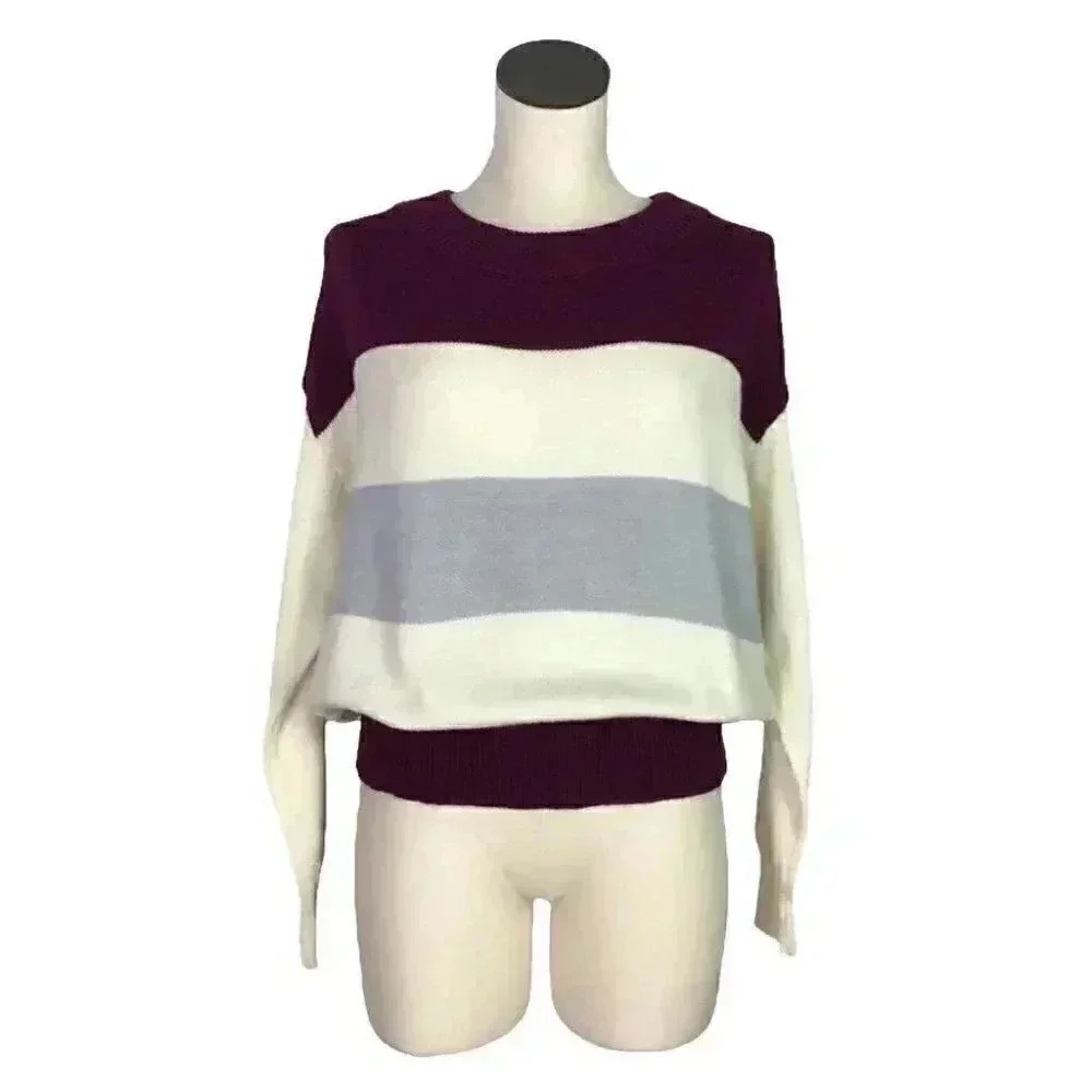 Lucky Brand Women M Wide Stripe Pullover Sweater Gray Long Sleeves Drop Shoulder
